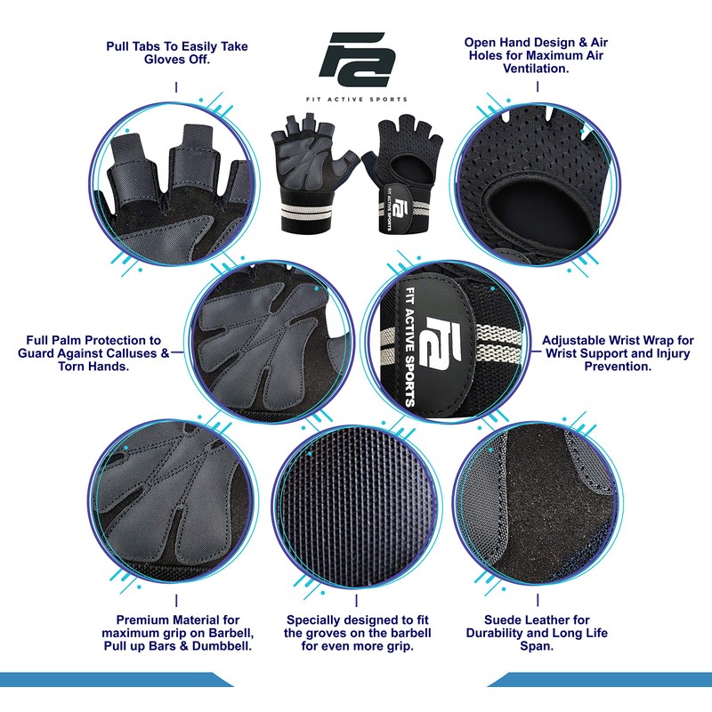 Fit Active Sports Ventilated Weight Lifting Workout Gloves with Adjustable