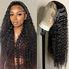 Peluca de cabello humano con malla frontal de onda profunda 13x4 HD, transparente, con rizos, para mujeres, 180% de densidad, sin pegamento, cabello p