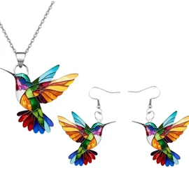 MIFYNN Colorful Hummingbird Necklace for Women 2D Hummingbird Dangle Necklaces Acrylic Hypoallergenic Cute Bird Necklaces For Women Bird Lovers (Necklace+Earrings)