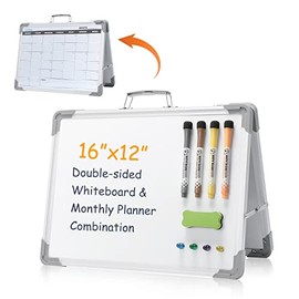 Magnetic Dry Erase Board with Calendar - Small Double Sided Whiteboard on Desktop with Monthly Schedule Planner, Portable Folding White Board on Table Top for Kids Drawing, Teacher Students Classroom