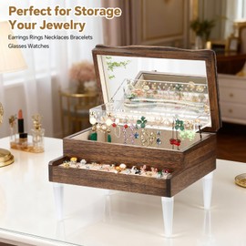 Meangood Jewelry Box for Women, Modern Piano Shape Wooden Jewelry Box with Mirror, Jewelry Boxes for Women Girls Gift 3-Layer Jewelry Organizer for Bracelet, Earring, Necklace, Ring, Watch (Walnut)