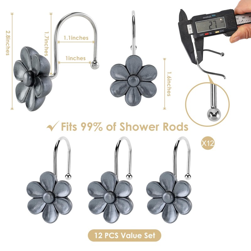 3D Floral Shower Curtain Hooks, 12 Pcs Rust Proof Resin