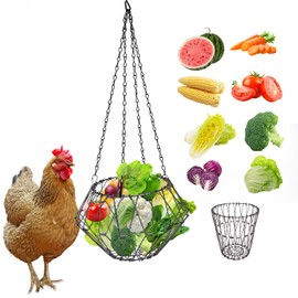 GHWMYD Hanging Chicken Feeder Foldable 9.6 Inch XL Sturdy Feeder Basket for Chickens Vegetables Fruits Hanging Basket with 17 Inch Hanging Chain Boredom Toy for Chickens