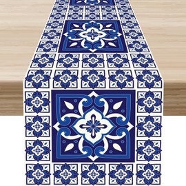 Camino de mesa mexicano, azulejos de cerámica con diseño de pájaros florales azules de México Talavera Dia De Los Muertos, centro de mesa de centro para cocina familiar y comedor, decoración de mesa
