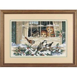 Dimensions Counted Cross Stitch Kit 'Three Kitten Bird Watchers', 18 Count Ivory Aida, 14'' W x 9'' H
