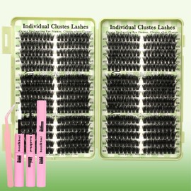 Lash Clusters Kit Natural Cat Eye D Curl Lash Clusters 520Pcs DIY Individual Lashes Clusters Lash Extension Kit Thin Band Wispy Eyelash Clusters Lash Bond and Seal Lash Tweezers