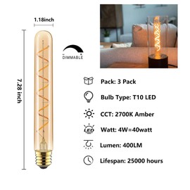 Dimmable 4W Tube LED Eison Bulb, T10 Vintage Long LED Bulb 40 Watt Equivalent Warm White 2700K, E26 Medium Base Amber Colored 7.3 Inch Long Tubular Edison Bulb, 3 Pack