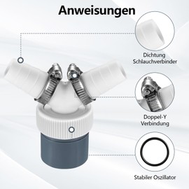 Geschirrspüler und Waschmaschine Abfluss Adapter Doppelanschluss Y mit Abgang für Rohr Ø40 mm und Eingang Ø18-24 mm Set für Waschmaschine, Geschirrspüler, Trockner, Gartenschläuche