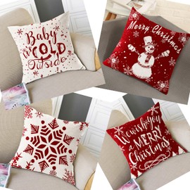 45x45cm Christmas Cushion Covers Set of 4 - Red Merry Christmas Snowman Decorative 18x18 Inch Pillow Case, Cotton Linen Covers Pillowcase for Sofa Car Home Decor Xmas Decoration (Red1-4pcs, 45cm*45cm)