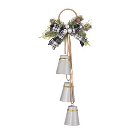 Emadgift Faux Galvanized Christmas Jingle Bells Door Hanger-Door Bell Knob Hanger with Pine Cone,Pine Needle,Plaid Bow, Berries,Home Décor,Holiday Tree/Wreath/Door/Wall/Window Hanging Ornament for DIY