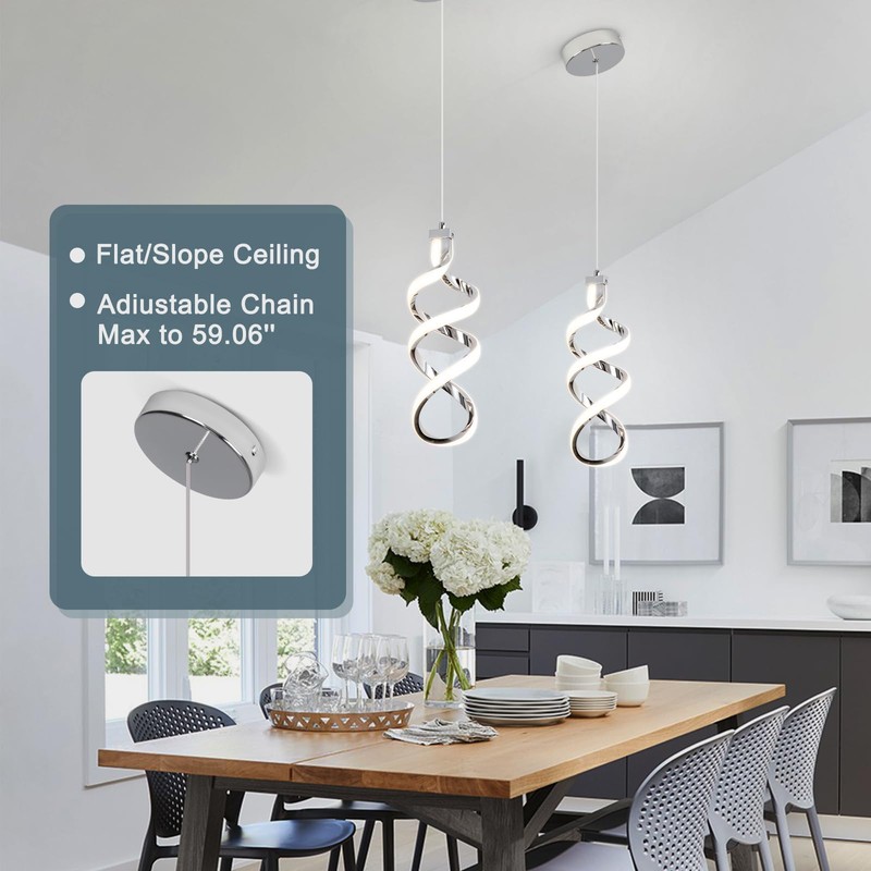 Modern Led Pendant Light Fixture, 15W Chrome Spiral Led Chandelier