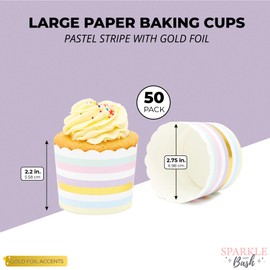 50 Pack Striped Paper Baking Cups, Pastel Rainbow Cupcake Wrappers (2.2 In)