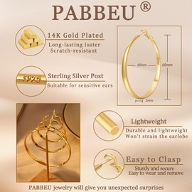 PABBEU Gold Hoop Earrings - 14K Gold Plated, Hypoallergenic, Oversize Big Hoops for Women