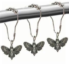 Gothic Shower Curtain Hooks, Vintage Skull Moth Decorative Shower Curtain Rings Metal Butterfly Gothic Bathroom Decor