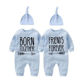 YSCULBUTOL Body de bebé gemelos con sombrero Born Together Friend Forever Ropa de bebé para niña, Body azul Bbf., 9-12 meses