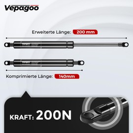 Vepagoo 200 mm 200N Gas Pressure Damper Gas Strut 20 kg Gas Spring for Bed Boxes, Doors, Floor Hatches, Shed Windows and Other Heavy Duty Applications, M6 Eyelet Heads (8 mm Diameter), Set of 2