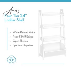RiverRidge Amery 4-Tier 24 Inch Ladder Shelf Display Case - Open Shelves & Storage Bin and 2 10” Floating Bookshelves - Home Storage