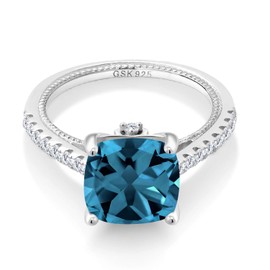 Gem Stone King 5.47 Cttw London Blue Topaz and White Created Sapphire Ring For Women | 925 Sterling Silver | Cushion 10MM | Available In Size 5, 6, 7, 8, 9