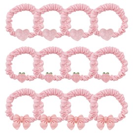 12 PCS Hair Bands for Ponytails Strong,Pink Peach, Love Heart, Bow Satin Elastic Hair Ties for Women Girls