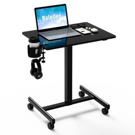 RoleDec Adjustable Standing Desk, Small Portable Desk with Lockable Wheels, Cup Holder for Rolling Cart, Sit to Stand Table - Computer Workstations for Home Office(Obsidian Black)