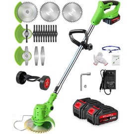 Weed Wacker, 21V Electric Cordless Weed Eater 3Types Blades and 2×4.0Ah Battery Powered, Adjustable Cutting Angle & Height,3 in 1Stringless Grass Trimmer/Lawn Edger/Brush Cutter, for Lawn Yard Garden