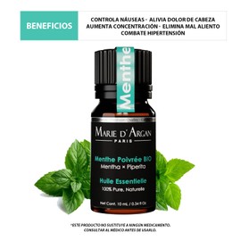 Aceite Esencial de Menta Marie d'Argan, 100% Natural, Orgánico, Vegano, 10 ml, Grado Terapéutico, Aromaterapia, Difusor, Humidificador, Meditación