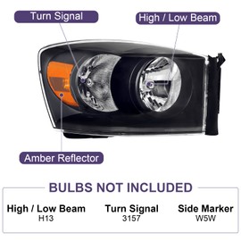 Bincmay Anti-fogging Headlight Assembly Fit For 06 07 08 2006 2007 2008 Dodge Ram 1500, 06 07 08 09 2006 2007 2008 2009 Ram 2500/3500 Driver And Passenger Side (Black Housing Clear Relfector)