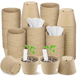 Hahood 160 Pieces Peat Pots Seed Starters 4 Inch Peat Pots Round Biodegradable Seed Starting Pots with 160 Plant Labels, Planter Nursery Pots with Drainage Holes for Vegetable Seed