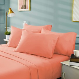 BYSURE 6 Pieces Bed Sheets Set(Queen, Coral) - Super Soft 1800 Thread Count 100% Microfiber Sheets with Deep Pockets, Wrinkle & Fade Resistant
