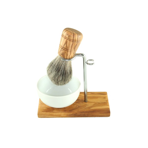 D.O.M. Shaving Brush Set Classic 3-Piece Olive Wood with Porcelain Bowl Round Diameter 8.5 cm + Razor Holder
