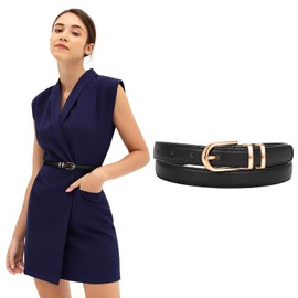 JASGOOD Womens Thin Leather Belt Skinny Faux Leather Belt for Jeans Dress with Double Bright Gold Alloy Buckle 2 Loop,Black/Fit Waist Size 26-31 inch