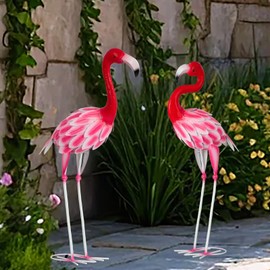 LaLamona Set of 2 Metal Flamingo Garden Statues, Yard Flamingo Outdoor Decor for Lawn Patio Garden Backyard Display (Pink)