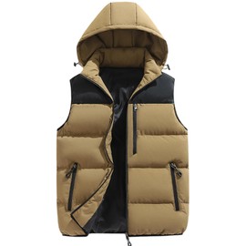 Gihuo Mens Winter Puffer Vest Color Block Hooded Sleeveless Quilted Jacket Zip Up Padded Coats Outerwear(Brown-M)