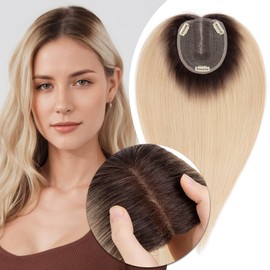 MY-LADY Human Hair Toppers for Women Real Human Hair for Thinning Hair 10 * 12CM Lace Base Hair Pieces No Bangs Clip in Remy Hairpieces Hand-Tied 12 Inch Blonde with Dark Root