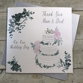 White cotton cards XLWB201 Dankeskarte mit Aufschrift Thank You Mum and Dad On Our Wedding Day, handgefertigt, groß, Weiß