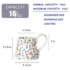 Mkour 16oz Large Ceramic Coffee Mugs, Handmade Big Tea Cups, Floral Design, Wide Bottom with Large Handle for Office and Home, Microwave and Dishwasher Safe (White)