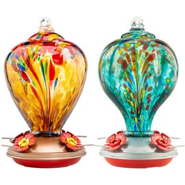 LaElvish Garden 2 Packs Hummingbird Feeder for Outdoors Hanging Ant and Bee Proof, 34OZ 32OZ Hand Blown Glass Hummingbird Feeders for Outside (Yellow & Teal)