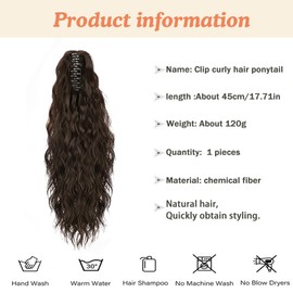 XFSRG Pferdeschwanz Haarteil mit Klammer Lange Wellig Lockig Zopf Extensions Natürliche Synthetik Claw Clip in Haarteil Ponytail für Damen 45cm（Braun）