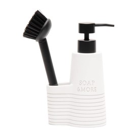 Riviera Maison - Soap Dispenser and Washing Up Brush - Cleaning Set Soap & More - Plastic - White/Black - 11 x 7.8 x 20.5 cm