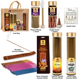 The Aroma Factory Devotion Giftpack(Kesar Chandan & White Sage Agarbatti, Mogra Dhoopbatti, Gugal Dhoop Cone, Kesar Chandan 30 Sticks) with Jute Bag No Charcoal, 100% Organic Incense (Devotion)