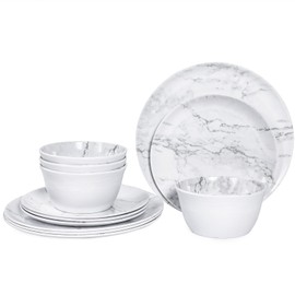 12-Piece Melamine Dinnerware Sets, Modern White Round Dish Set for 4 - Serving Plates and Bowls Sets for Snack, Dessert, Salad, Soup, Pasta - White Marble Pattern