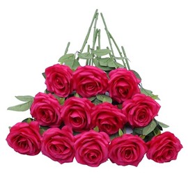NEVISI Artificial Flower Fake Rose Silk Rose 12Pcs Hot Pink Rose Real Looking Fake Flowers with Stems for DIY Wedding Bouquets Tables Centerpieces Floral Arrangements Festival Decoration