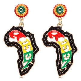 African Earrings for Women Beaded Africa Map Earrings Ethnic Juneteenth Heart Drop Dangle Earrings Earrings Ethnic Earrings African Jewelry Gifts Gift, Zinc, No Gemstone