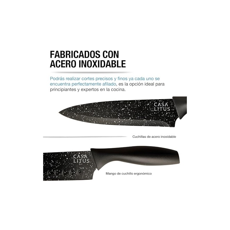 Casa Litus Cuchillos de Cocina Negros Acero Inoxidable 6 Piezas