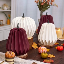 SUNBEAUTY Pumpkin Fall Decor Pumpkin Honeycomb Centerpieces Burgundy and White Fall Paper Honeycomb Pumpkins Table Centerpieces Thanksgiving Table Centerpieces for Harvest Autumn Festival Party Decor