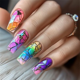 CJDLTS Colorful Glass Window Press on Nails Medium Ballet Shaped Colored Window Pattern Design Arylic Glossy Press Ons Glue on Nails Full Cover Artificial Colorful Stick on Nail for Women Manicure Set