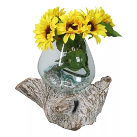 Ebros Gift Balinese Handicraft Natural Driftwood With Hand Blown Molten Glass Bowl 9"L
