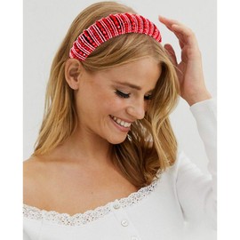 NVENF Crystal Rhinestone Padded Headbands for Women Beaded Crystal Embellished Hairband Wide Bejewelled Velvet Headband Hair Accessory or Girls Holiday Party Prom Gifts (Red)