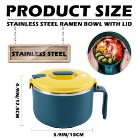 DOERDO 304 Stainless Steel Ramen Bowl with Lid Ramen Cooker Large Capacity Bento Pot for Outdoor Hiking Picnic, 1200ml