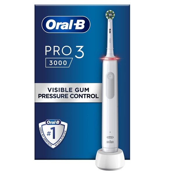 Oral-B Pro 3 Electric Toothbrush with Smart Pressure Sensor, 1 Cross Action Toothbrush Head, 3 Modes with Teeth Whitening, 2 Pin UK Plug, 3000, White